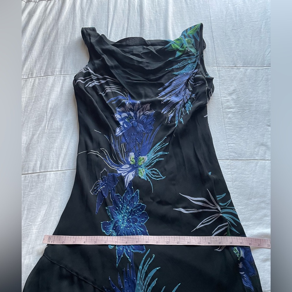 Vintage Eva Blue Dark Floral Beaded Cowl Neck Asymmetric Slip Dress 8 Fairycore - Picture 7 of 8
